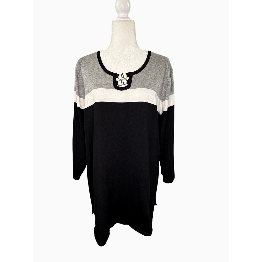 Cable & Gauge Woman 3X Black Gray White Colorblock Ring Detail Tunic Top